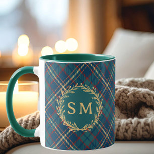 Klassisk Monogram Guldkrans Grön Tartanrutig Mugg