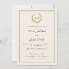 Klassisk Monogram Laurbärs Krans med Foto Bröllop Inbjudningar