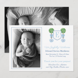 Klassisk monogram Light Blue Pojke Bild Birth Meddelande