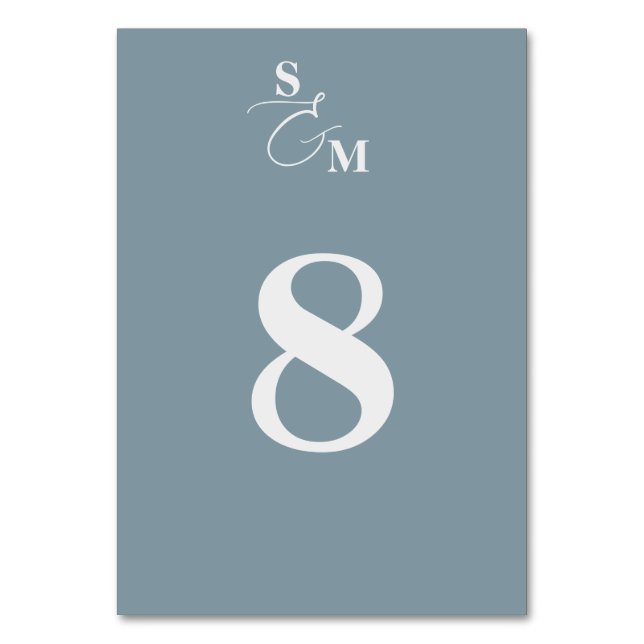 Klassisk Monogram Modernt Et-tecken Blå Bröllop Bordsnummer (Framsidan)