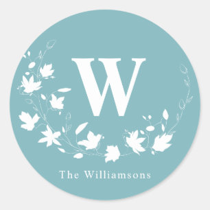 Klassisk Monogram Namn Teal Blommigt Utandning Anp Runt Klistermärke