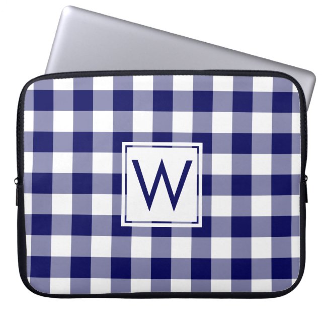 Klassisk Monogram Navy Blue Gingham Play Mönster Laptop Fodral (Framsidan)