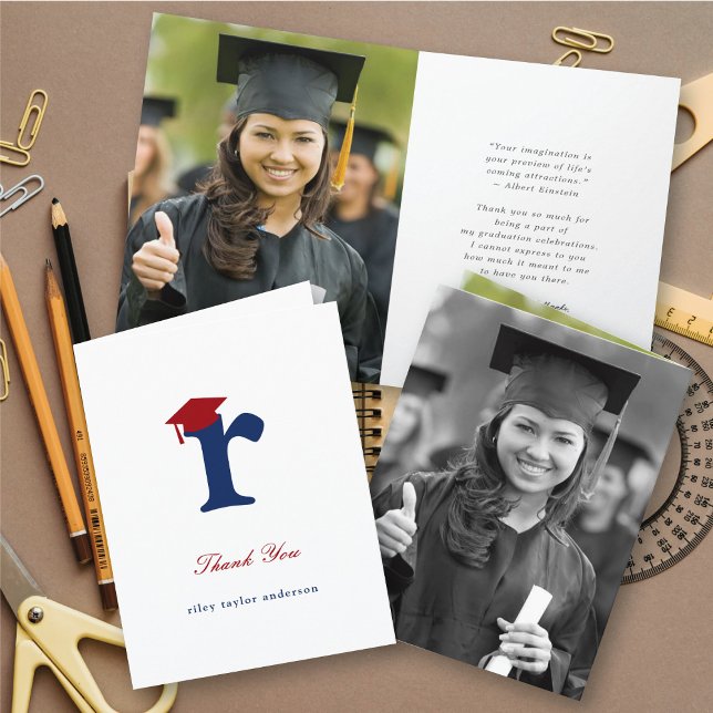 Klassisk Monogram R Examen Kåpa Foto Modern Tack Kort (Classic Graduate's Monogram R Graduation Cap Photo Modern Thank You Card @ zazzle.com/color_therapy)