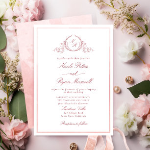Klassisk monogram Rosa Watercolor Bröllop Inbjudningar