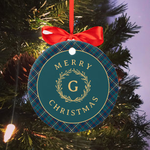 Klassisk Monogram-rutig Mörkgrön Julfotografi Julgransprydnad Keramik