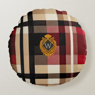 Klassisk monogram stilren rutig beige röd och svar rund kudde