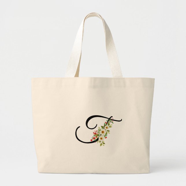 Klassisk monogram T röd vit blomma mormorpresent  Jumbo Tygkasse (Framsidan)