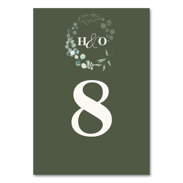 Klassisk Monogram Trädgård Eukalyptus Bröllop Bordsnummer (Framsidan)