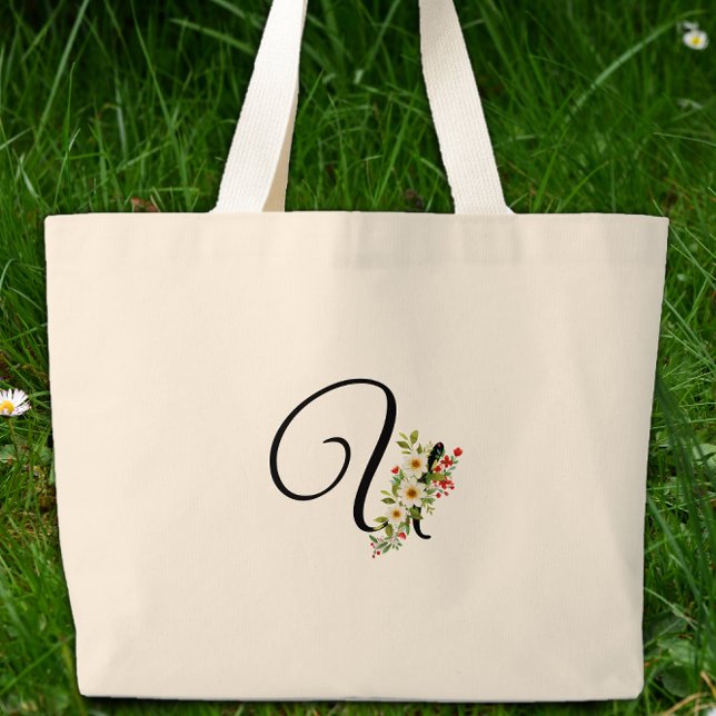 Klassisk monogram U röd vit blomma mormors present Jumbo Tygkasse (Skapare uppladdad)