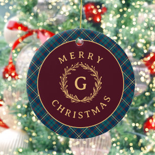 Klassisk Monogramrutig Burgunderröd Julfotografi Julgransprydnad Keramik