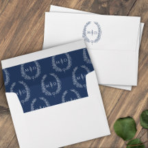 Klassisk mörk blått vit monogram utandning bröllop