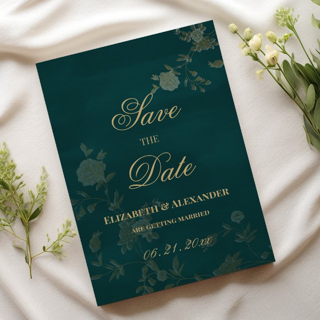 Klassisk mörk grönt blommigt för  guld Spara datum Inbjudningar (Classic dark green blush gold floral Save the Date )
