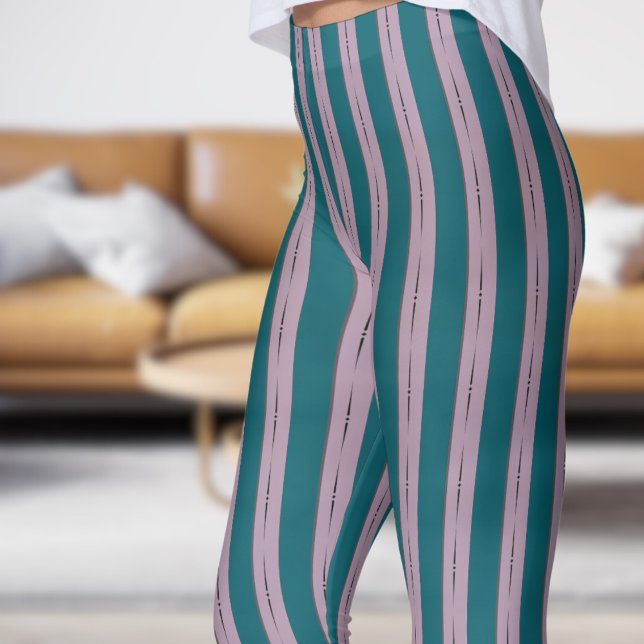 Klassisk Mörk, skinn och Rosa, benbalkar av Mönste Leggings (Classic Dark Teal and Pink Strip Pattern Leggings)
