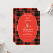Klassisk mörkröd rutmönstrad baby shower-inbjudan