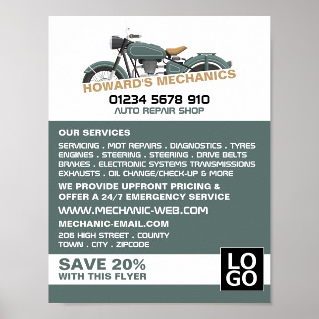 Klassisk motorcykel, automatisk mekanik- och repar poster (Framsidan)