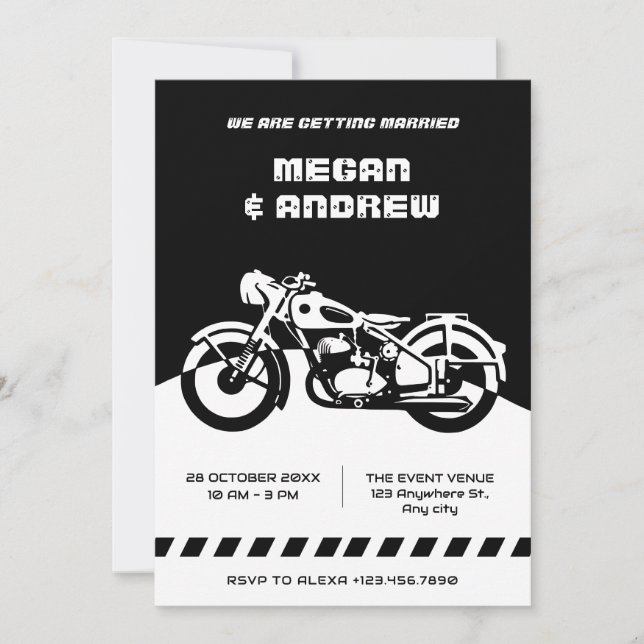 Klassisk motorcykel bröllop, svart och vitt inbjudningar (Framsida)