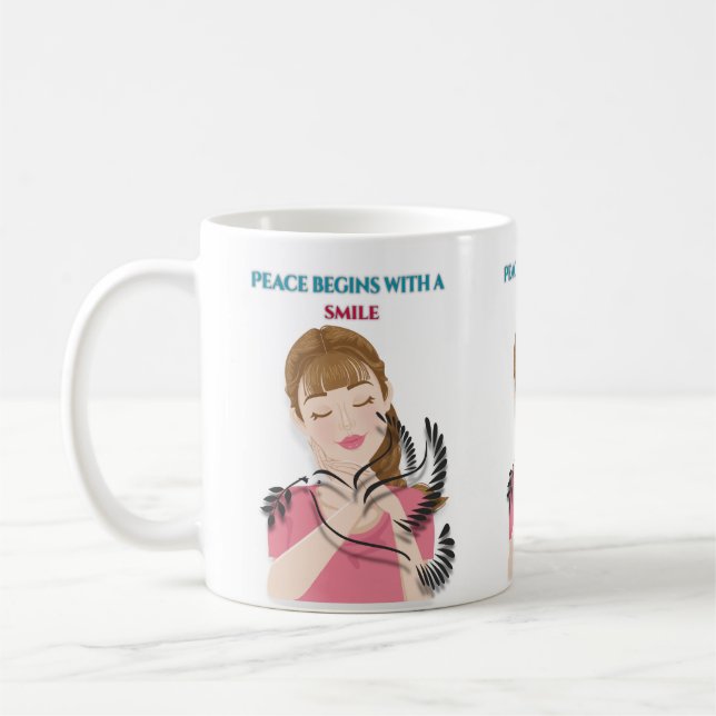 Klassisk mugg, 11 oz Peace Begins with a Smile Mug Kaffemugg (Vänster)