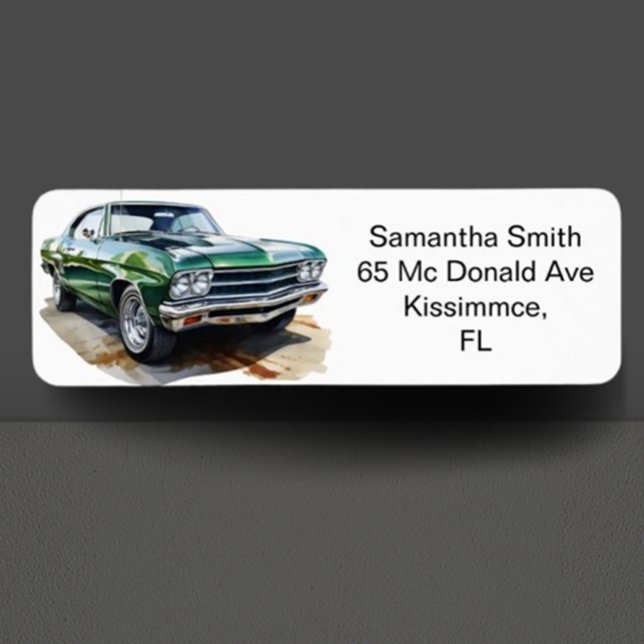 Klassisk muskelbil Party Returadress Etikett (Celebrate in style with our classic green muscle car illustration!)