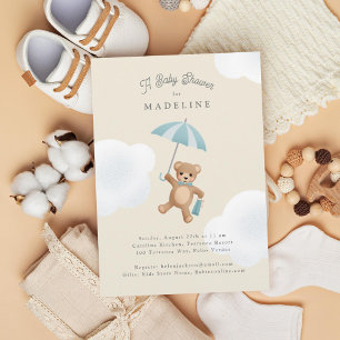 Klassisk Nalle Blue Beige Baby Shower Inbjudningar