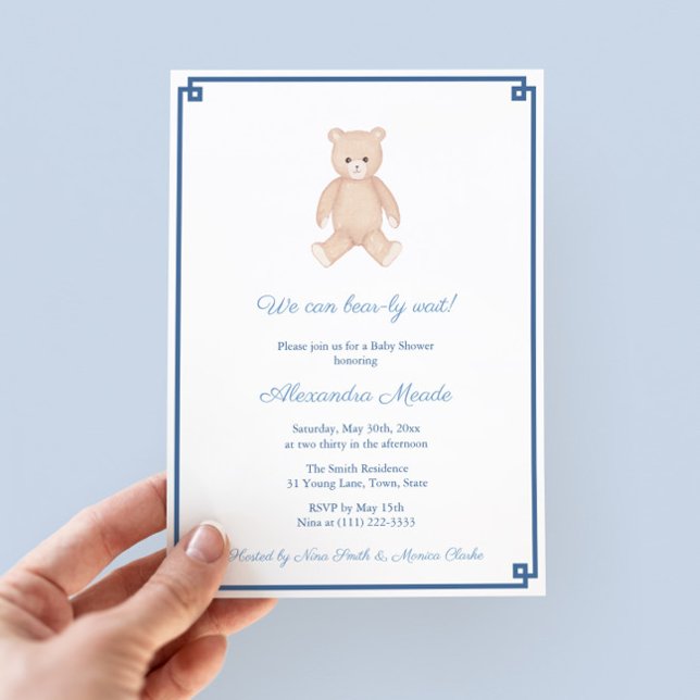 Klassisk Nalle Boy Baby Shower Party Inbjudningar (Timeless Teddy Bear Baby Shower Invitation Design With Navy Blue And White Greek Key Backer)