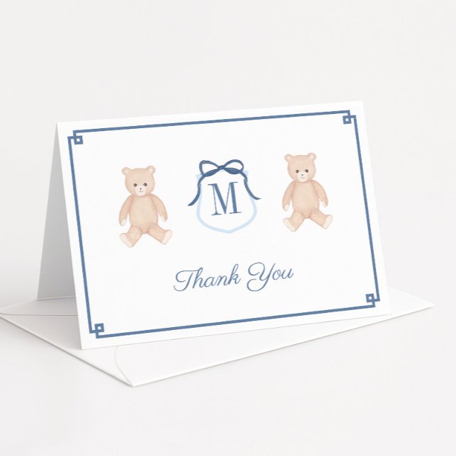 Klassisk Nalle, monogram babyvisningsprogram Tack Kort (Classic baby shower thank you card featuring watercolor teddy bear and monogram detail)