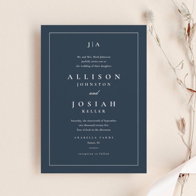 Klassisk Navy Blue Bröllop Inbjudningar (Elegant navy blue wedding invitation with classic monogram and typography, and simple frame.)