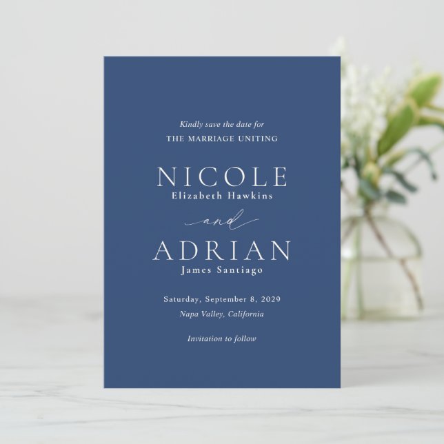 Klassisk Navy Blue Elegant Bröllop Spara Datumet (Stående Fram)