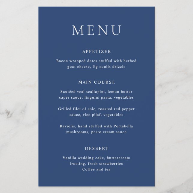 Klassisk Navy Blue Elegant Budget Bröllopsmeny Flygblad (Framsidan)