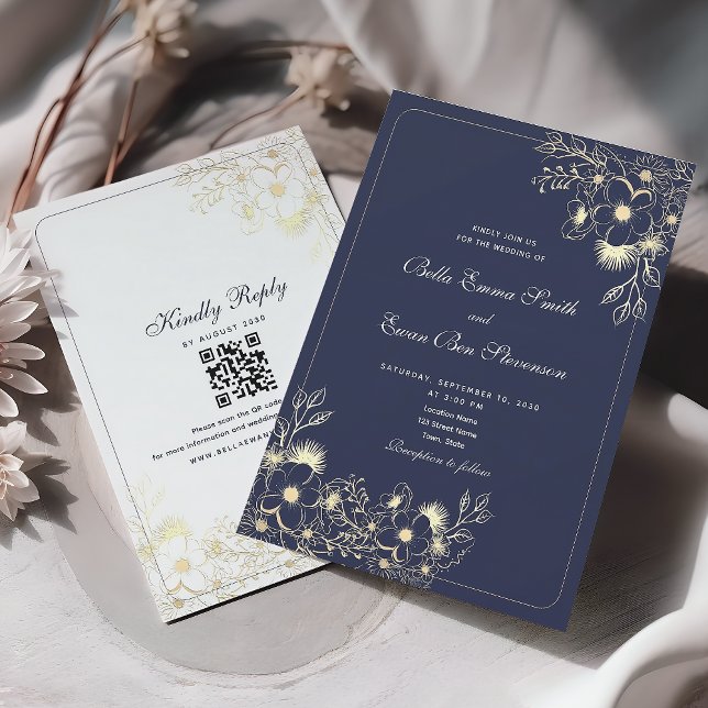 Klassisk Navy Blue Guld QR-kod Bröllop Inbjudningar (Skapare uppladdad)