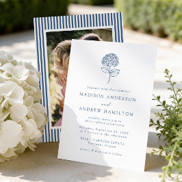 Klassisk Navy Blue Hortensia Foto Bröllop Inbjudningar