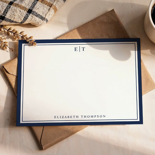 Klassisk Navy Blue Monogram Namn Kant Anteckningskort (Skapare uppladdad)