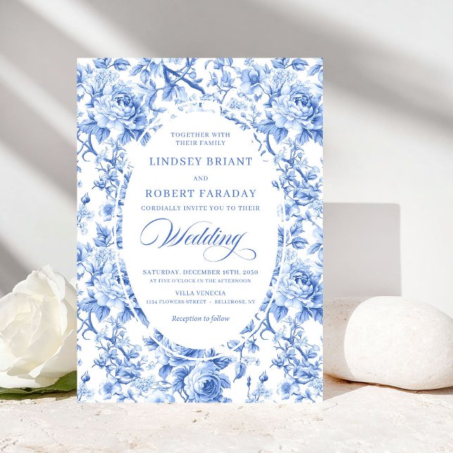 Klassisk Navy Blue Toile Rose Formell Bröllopsinbj Inbjudningar (Classic Navy Blue Toile Rose Formal Wedding Invitation)