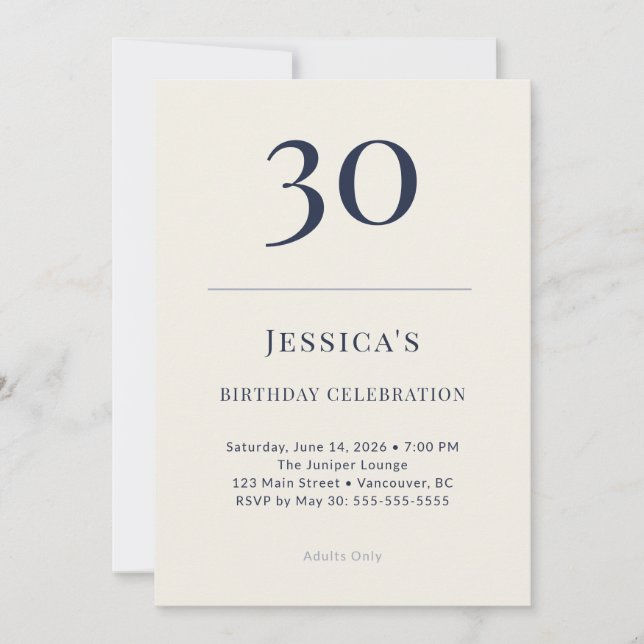 Klassisk Navy & Cream 30-årsfirande Inbjudningar (Framsida)