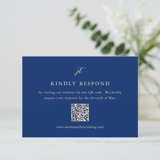 Klassisk Navy och Cream Elegant QR-kod Bröllop OSA Kort (Stående Fram)