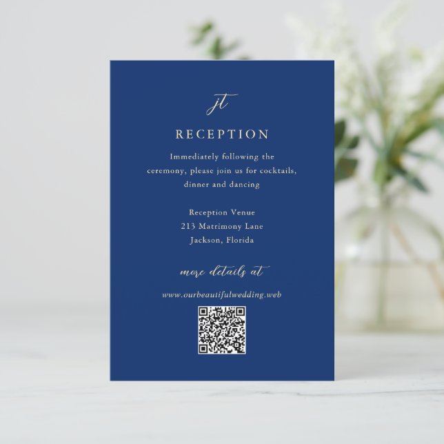 Klassisk Navy och Cream Elegant QR-kod Bröllop Tilläggskort (Stående Fram)