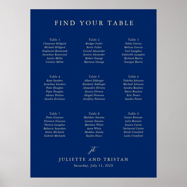 Klassisk Navy och Crème Bröllopsplatskarta Poster (Framsidan)