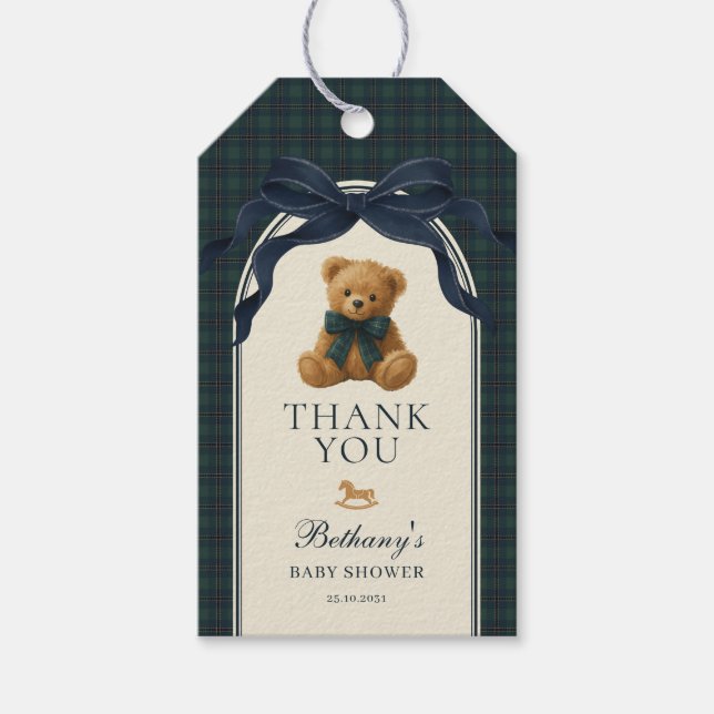 Klassisk Navy Plaid Teddy Bear Baby Shower Presentetikett (Framsidan)
