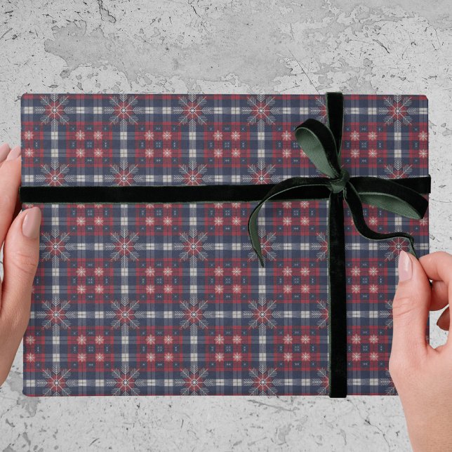 Klassisk Navy Röd Rutig Snöflingor Jul  Presentpapper (Skapare uppladdad)