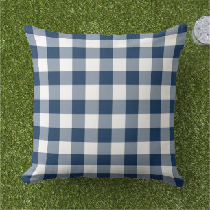 Klassisk Navy Vit Gingham Plaid Rutig Kudde