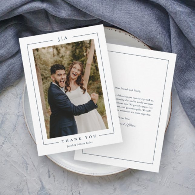 Klassisk Navyblå Bröllopsfoto Tack Kort (Elegant Monogram Navy Blue Photo Wedding Thank you Cards.)