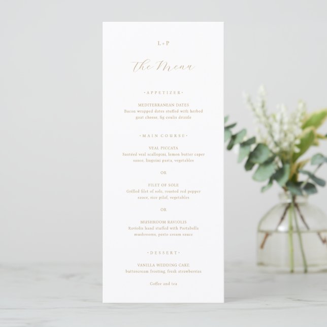 Klassisk Neutral Monogram Elegant Bröllop Meny (Stående Fram)