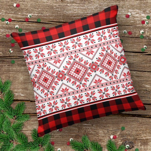 Klassisk nordisk fair Isle och Red Black Lumberjac Kudde (Skapare uppladdad)
