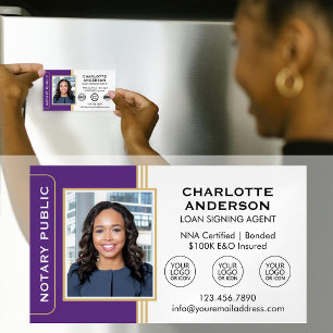 Klassisk Notarie Signeringsagent Foto Lila Guld Magnetiska Visitkort