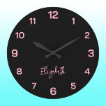 Klassisk och Elegant Svarta och Baby Rosa Namn Stor Klocka<br><div class="desc">Klassisk och Elegant Black och Baby Rosa Namn Large Clock</div>