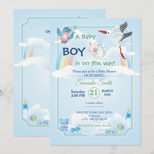 Klassisk och söt Stork Bebis Babyshower Inbjudan (Fram/baksida)