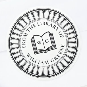 Klassisk öppen bok monogram Ex Libris bokmärke Runt Klistermärke