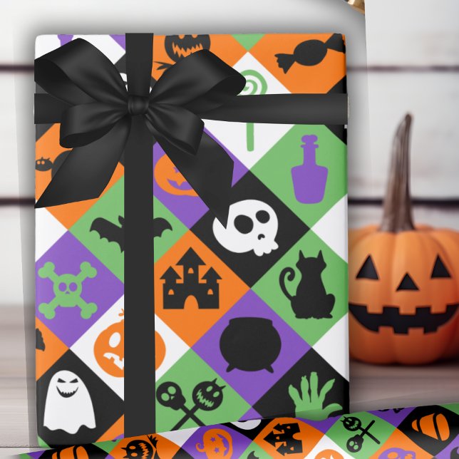 Klassisk Orange, Grönt och Lila Halloween Presentpapper (Classic Orange, Green And Purple Halloween Themed Wrapping Paper)