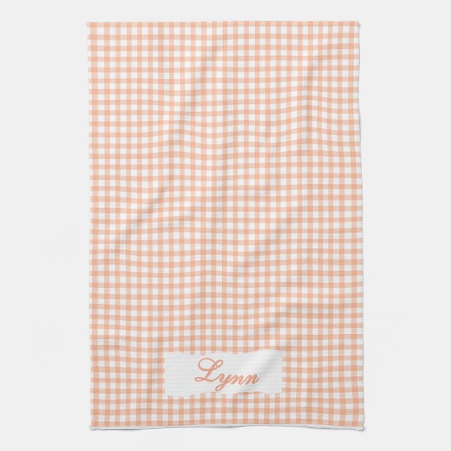 Klassisk orange och vit gingham | Personligt namn Kökshandduk (Vertikal)