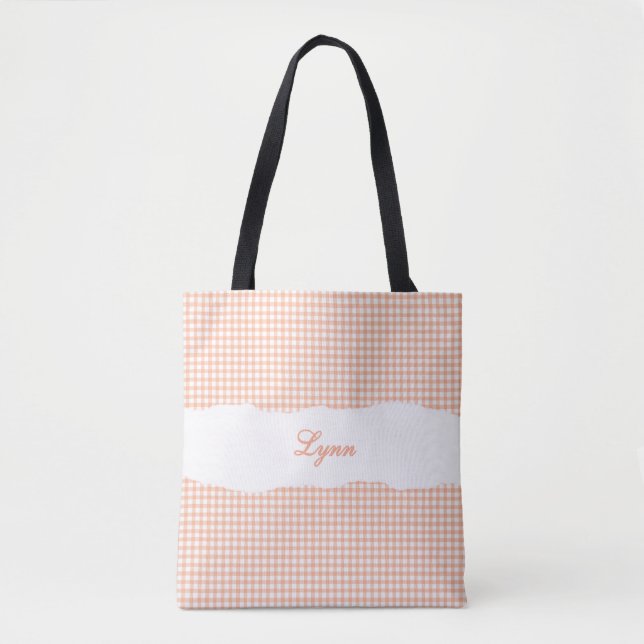Klassisk orange och vit gingham | Personligt namn Tygkasse (Framsida)