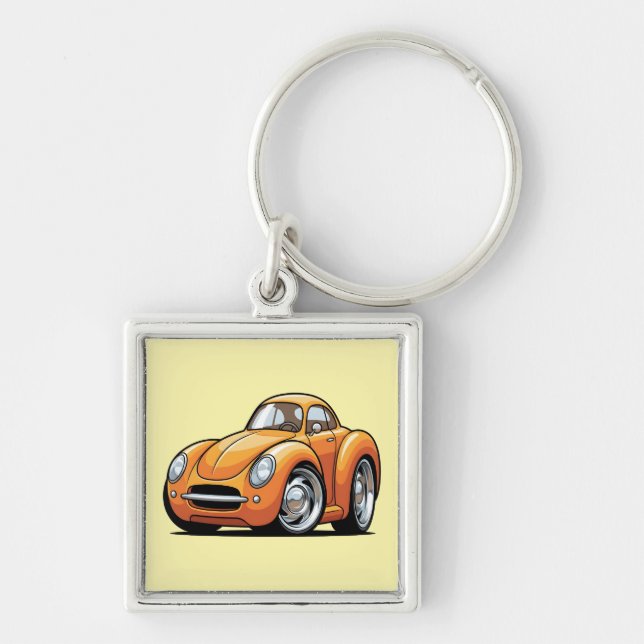 Klassisk Orange Toon Bil Fyrkantig Silverfärgad Nyckelring (Framsidan)